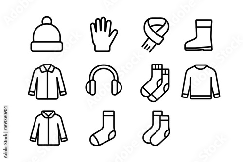 Winter Clothing Icons. Outline icon set of winter clothing: hat, gloves, scarf, boots, coat, earmuffs, socks,