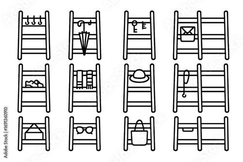 Entryway Ladder Storage Collection. Outline icon set of Entryway ladder storage: ladder with coat hooks, ladder with umbrella