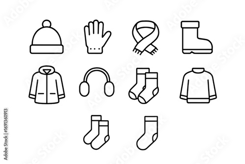 Winter Clothing Icons. Outline icon set of winter clothing: hat, gloves, scarf, boots, coat, earmuffs, socks,