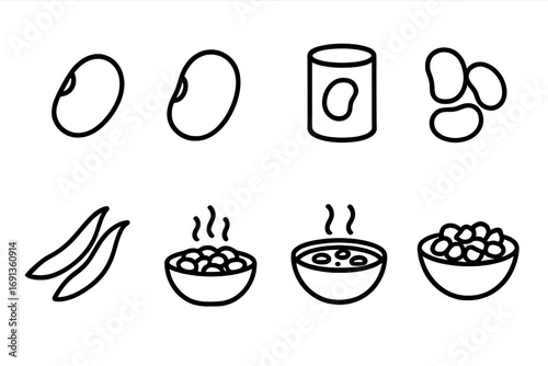 Pinto Bean Icon Set. Solid, filled icon set of pinto bean types: light pinto bean, dark pinto bean, canned pinto beans, dried