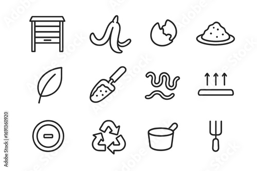 Indoor Composting Icons. Outline icon set of composting for indoor gardening: compost bin, food scraps, banana