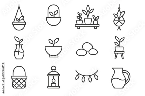 Indoor Garden Icons. Outline icon set of indoor garden decor: hanging pot, wall planter, plant shelf, macrame