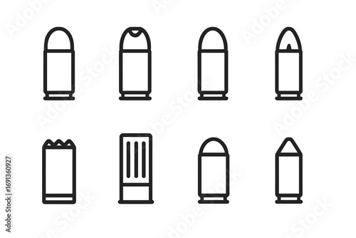 Pistol Ammunition Icons. Outline icon set of pistol ammunition: bullet cartridge, hollow point, full metal jacket, tracer round,