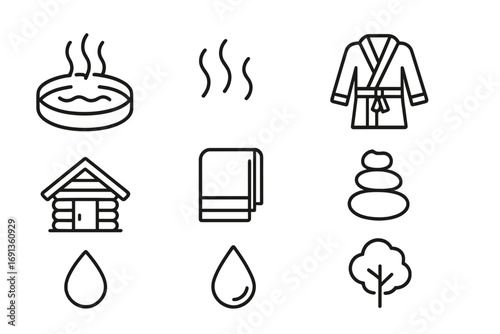 Hot Spring Retreat Icons. Outline icon set of hot spring retreats: hot spring pool, steam, towel, robe, cabin,