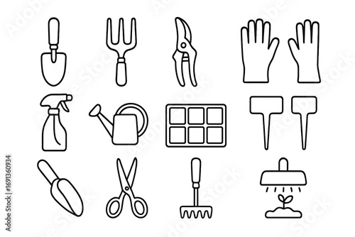 Indoor Gardening Icon Set. Outline icon set of indoor gardening tools: trowel, hand fork, pruning shears,