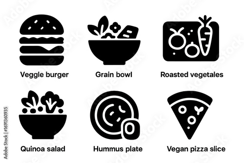 Plant-Based Meal Icons. Solid, filled icon set of plant-based meals: veggie burger, grain bowl, tofu steak, roasted vegetables,