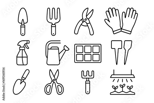Indoor Gardening Icon Set. Outline icon set of indoor gardening tools: trowel, hand fork, pruning shears,