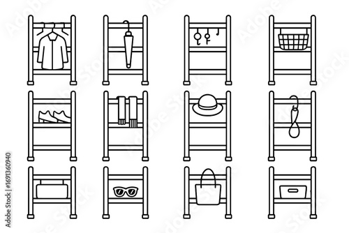 Entryway Ladder Storage Collection. Outline icon set of Entryway ladder storage: ladder with coat hooks, ladder with umbrella