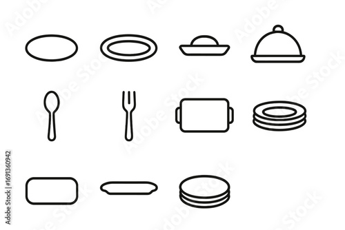 Serving Platter Icons. Outline icon set of serving platter: round platter, oval platter, rectangular platter,