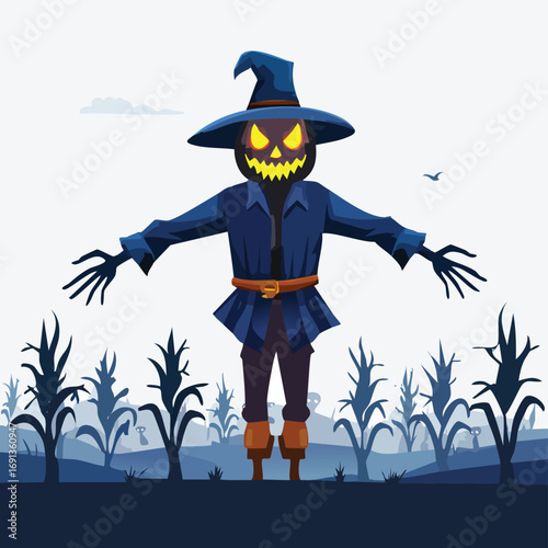 A spooky scarecrow with a witch hat in a cornfield at night. A dark and creepy vector illustration for Halloween horror concepts. Generative AI