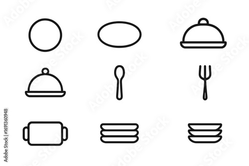 Serving Platter Icons. Outline icon set of serving platter: round platter, oval platter, rectangular platter,