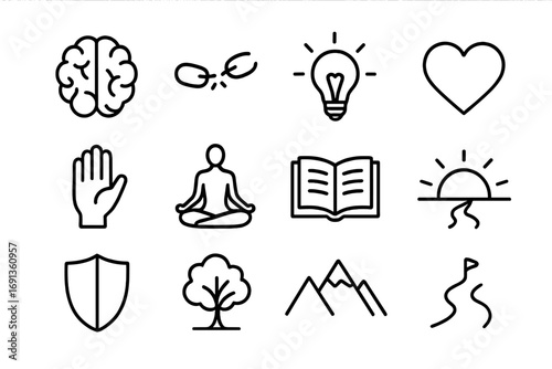 Overcoming Fears Icons. Outline icon set of conquering inner fears: brain, broken chain, light bulb, heart,