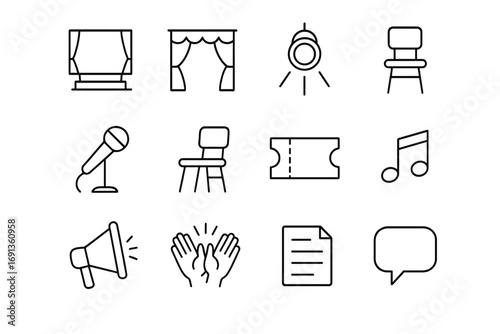 Stage Fright Icons. Outline icon set of overcoming stage fright: stage, curtain, spotlight, microphone, chair,