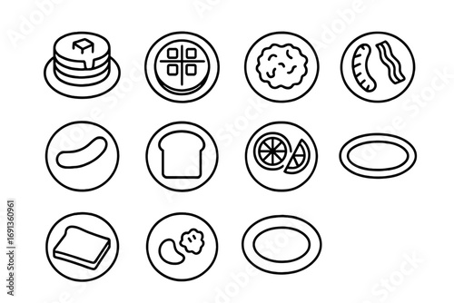 Breakfast Icons Grid. Outline icon set of breakfast serving platters: pancakes, waffles, scrambled eggs, bacon