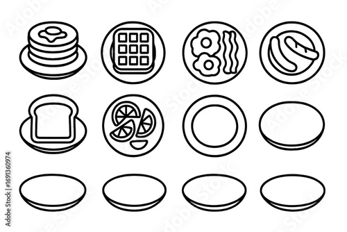 Breakfast Icons Grid. Outline icon set of breakfast serving platters: pancakes, waffles, scrambled eggs, bacon