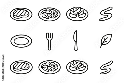 Elegant Dinner Icons. Outline icon set of elegant dinner platters: steak, roasted vegetables, potato wedges,