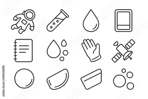 Zero Gravity Icons. Outline icon set of zero gravity experiments: floating astronaut, test tube, water droplet