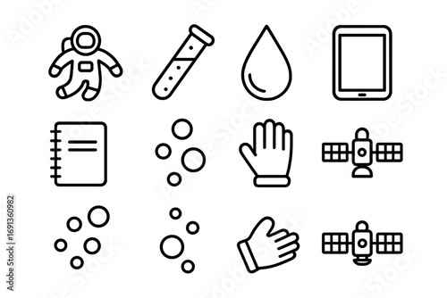 Zero Gravity Icons. Outline icon set of zero gravity experiments: floating astronaut, test tube, water droplet