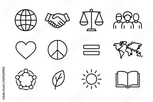 Global Equality Icons. Outline icon set of global equality: globe, handshake, scale of justice, diverse people