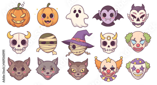 A collection of cute and spooky Halloween-themed cartoon characters including pumpkins, ghosts, vampires, skulls, mummies, witches, werewolves, and clowns.