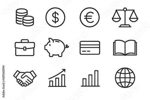 Economic Equality Icons. Outline icon set of economic equality: coin stack, dollar, euro, yen, scale,