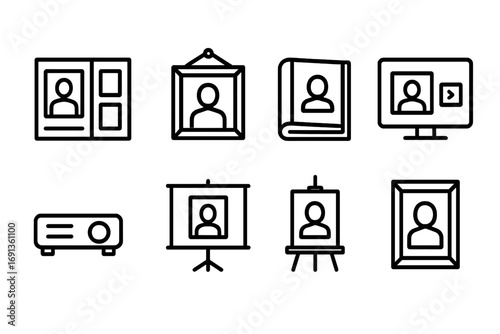 Portrait Display Icon Set. Outline icon set of portrait display: gallery, wall hanging, photo album, slideshow, projector, screen,