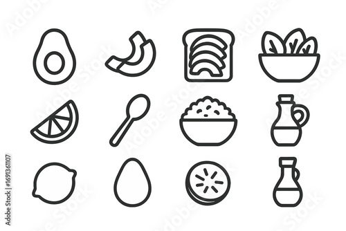 Avocado Meal Icons. Outline icon set of avocado-based meals: avocado half, sliced avocado, toast with avocado,