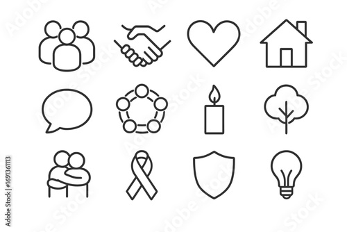 Community Support Icons. Outline icon set of community support: group, handshake, heart, home, speech bubble,
