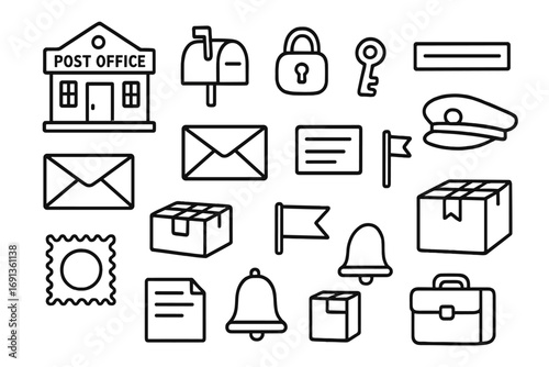 Post Office Doodle. Hand-drawn doodle illustration Post office box interior mailbox, lock, key, mail slot, envelope, parcel, label