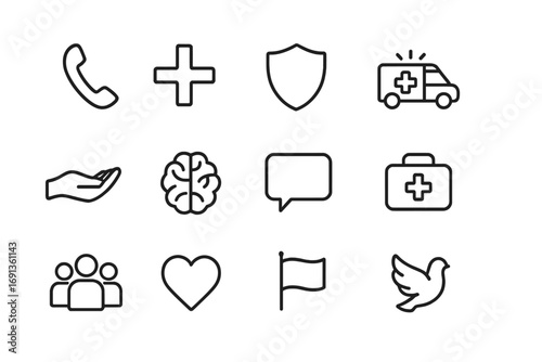 Crisis Intervention Icons. Outline icon set of crisis intervention: phone, cross, shield, ambulance,
