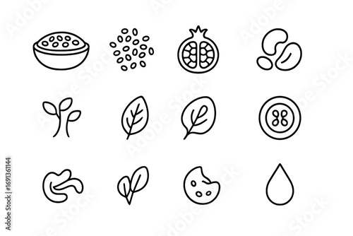 Superfood Toppings Icons. Outline icon set of superfood toppings: chia seeds, sesame seeds, pomegranate, nuts,