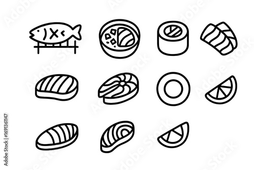 Fish Dishes Icons. Outline icon set of fish dishes: grilled fish, poke bowl, sushi roll, sashimi, tuna slice,