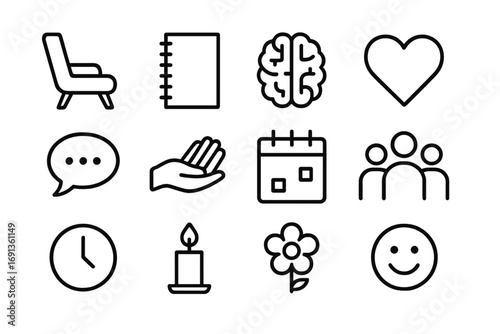 Therapy Icons Collection. Outline icon set of counseling sessions: therapy chair, notebook, brain, heart,