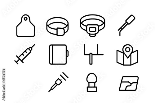 Animal Tracking Icons. Outline icon set of animal tagging and tracking: ear tag, leg band, GPS collar, RFID