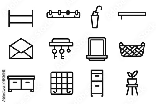 Entryway Storage Icons. Outline icon set of entryway storage: shoe rack, coat hooks, umbrella stand, wall shelf, mail holder, key