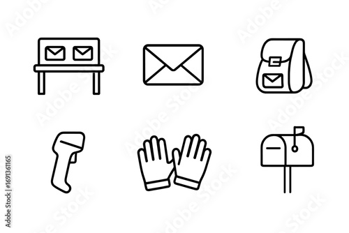 Postal Icon Set. Outline icon set of mail sorting: sorting table, letter, parcel, mailbag, stamp, barcode scanner, sorting gloves,