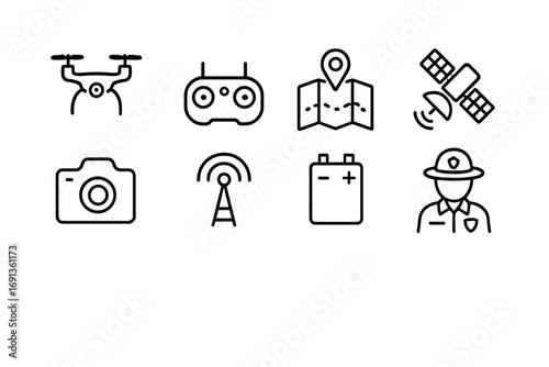 Drone Monitoring Icons. Outline icon set of drone-assisted monitoring: drone, controller, map, satellite,