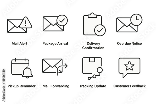 Postal and Locker Icons. Outline icon set of postal notifications: mail alert, package arrival, delivery confirmation, overdue