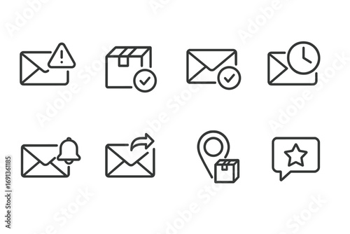 Postal and Locker Icons. Outline icon set of postal notifications: mail alert, package arrival, delivery confirmation, overdue