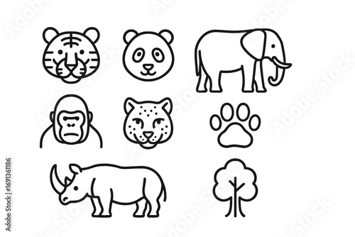 Endangered Mammals Icons. Outline icon set of endangered mammals: tiger, panda, elephant, rhino, gorilla, snow