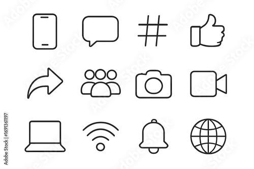 Social Media Icons. Outline icon set of social media communication: smartphone, chat bubble, hashtag, like