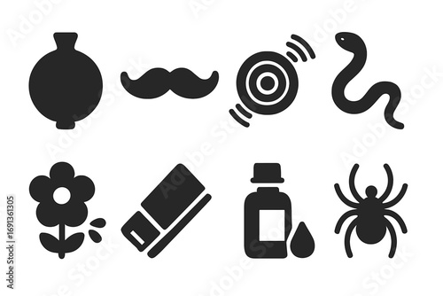 Prank Trick Icons. Solid, filled icon set of prank tricks: whoopee cushion, fake mustache, joy buzzer, rubber snake, squirting