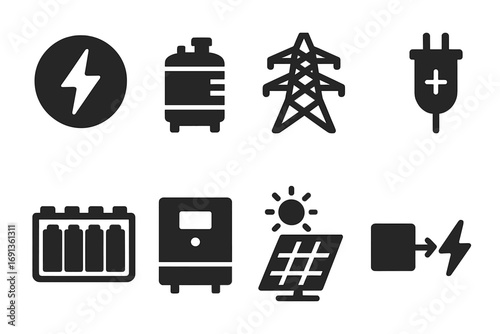 Power Storage Icons. Solid, filled icon set of power cell energy storage: energy symbol, storage tank, power grid, capacitor,