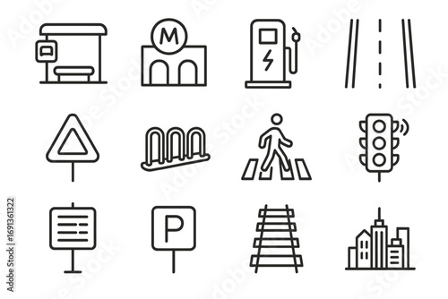 Transport Icons Grid. Outline icon set of transport infrastructure: bus stop, metro station, charging dock,