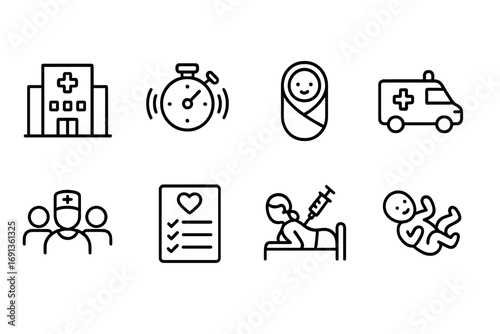 Pregnancy Icon Set. Outline icon set of pregnancy labor and delivery: hospital, contraction timer, baby, ambulance, medical team,