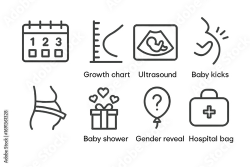 Pregnancy Milestone Icons. Outline icon set of pregnancy milestones: trimester calendar, growth chart, ultrasound image, baby