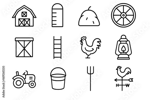 Rural Barn Icons. Outline icon set of rural barns: barn, silo, haystack, wagon wheel, barn door, ladder,