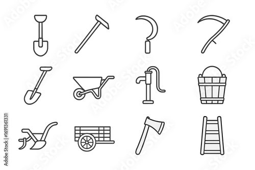 Countryside Tools Icons. Outline icon set of countryside tools: shovel, hoe, sickle, scythe, rake, wheelbarrow
