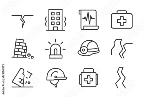 Earthquake Icon Set. Outline icon set of earthquakes: cracked ground, shaking building, seismograph, emergency