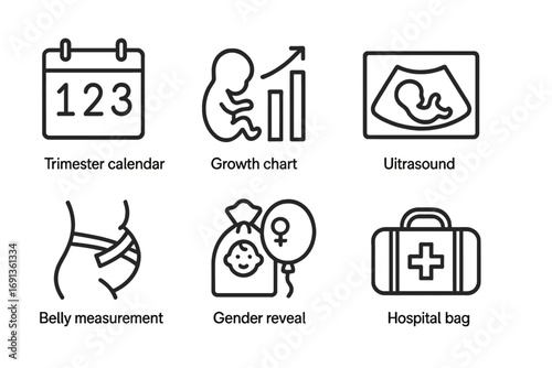 Pregnancy Milestone Icons. Outline icon set of pregnancy milestones: trimester calendar, growth chart, ultrasound image, baby